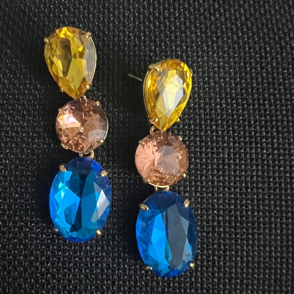 J.Crew Multi Color Crystal Drop Statement Earrings Gold Tone 2.25" Maximalist